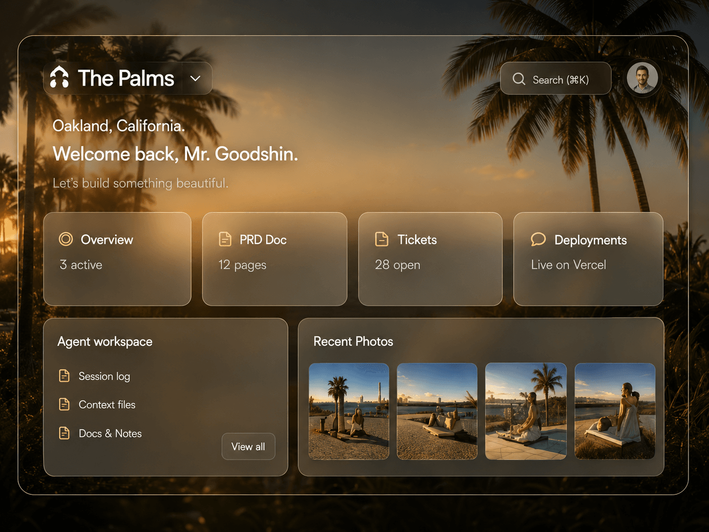 The Palms — a project shipped with OSTUP. UI shows a Miami sunset with palm trees and an overlaid dashboard.